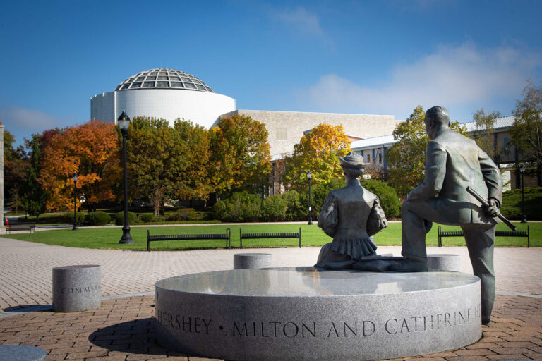 Looking over Milton and Catherine statue shoulders toward Founder's Hall.